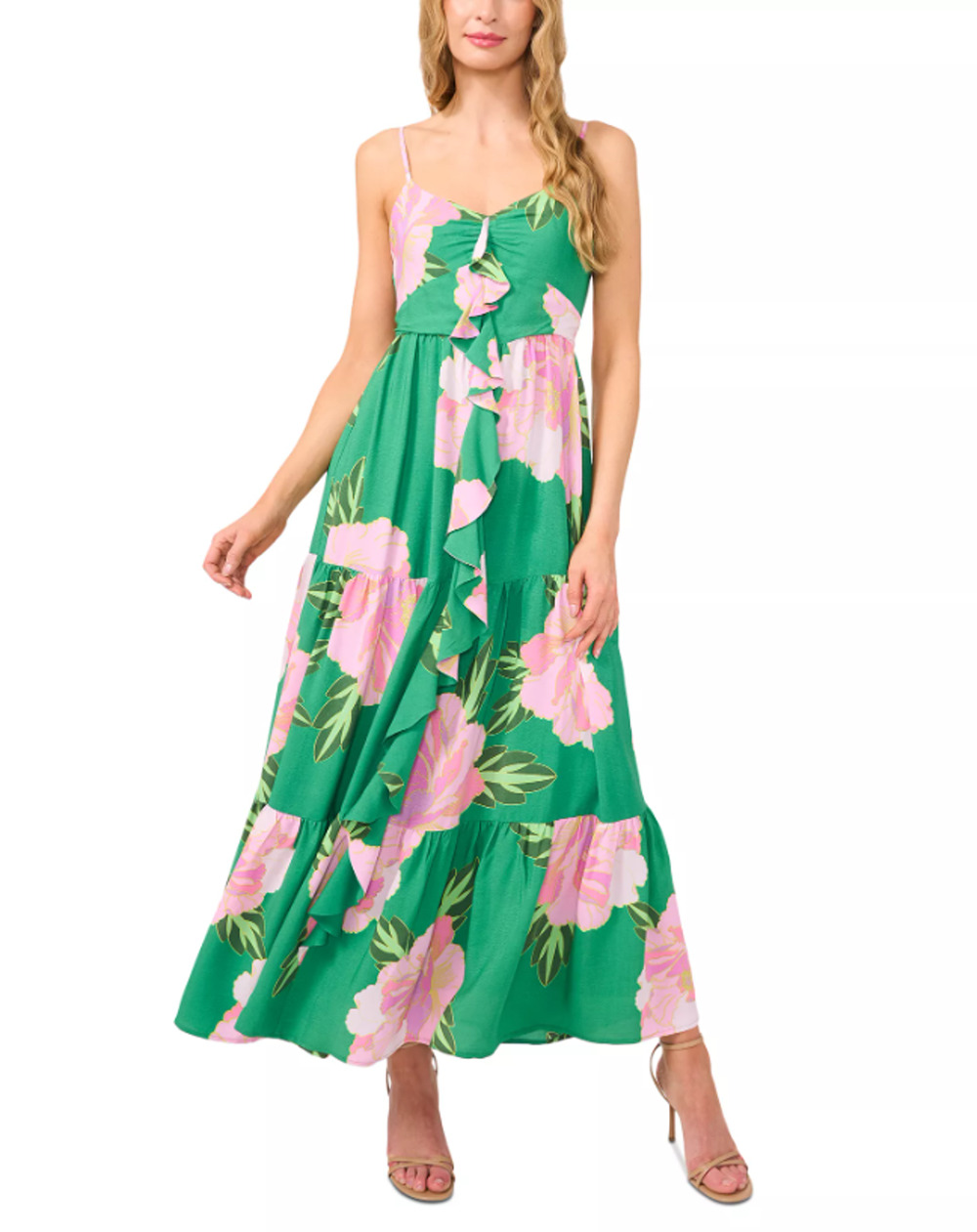 CECE Floral Tiered Maxi Dress Medium Green Peony Blossom Ruffle-Front NWT